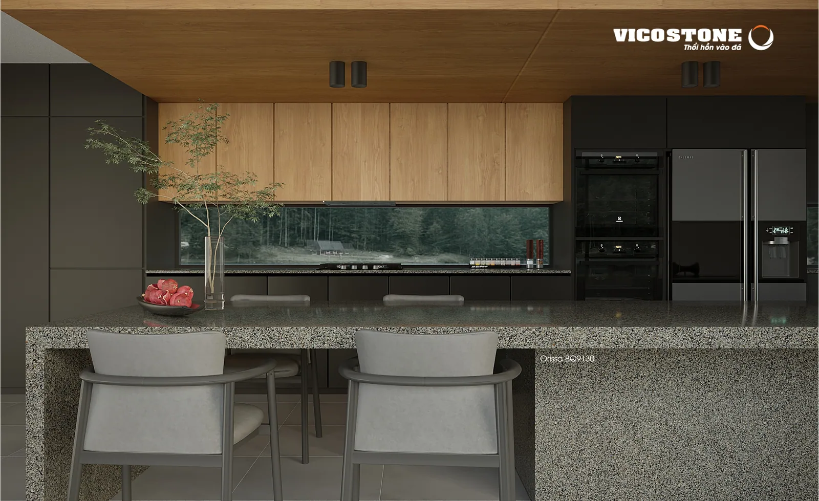Không gian bếp mặt đá Vicostone Orissa® BQ9130 với đảo bếp và ghế trắng