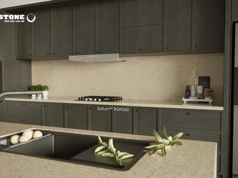 Mặt Bếp Đá Vicostone Saturn™ Bq9260 Trên Tủ Bếp Tối Màu