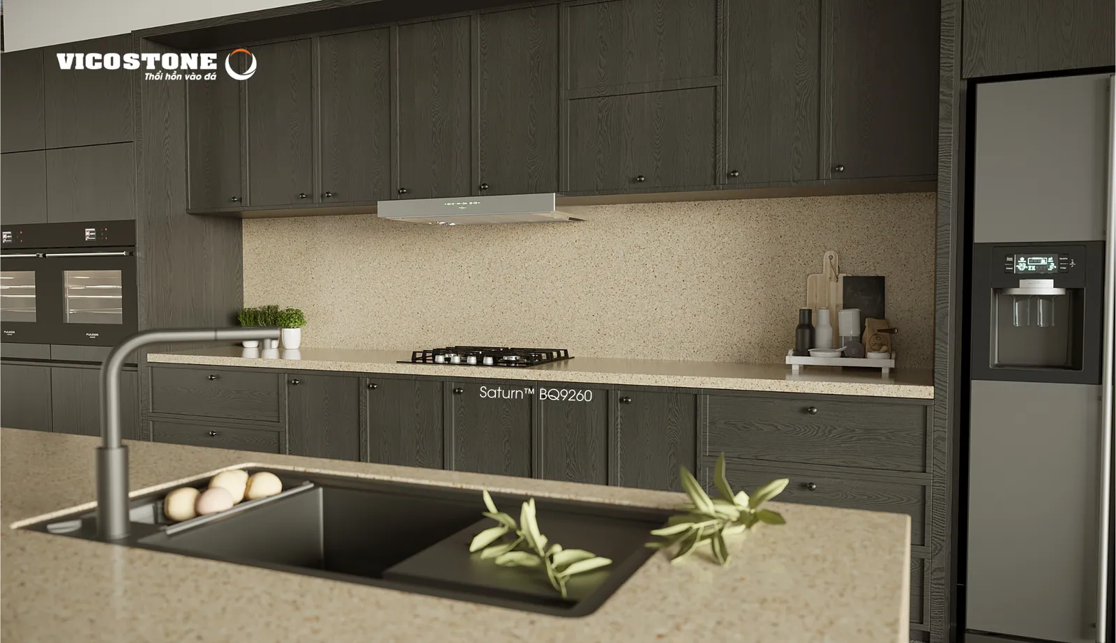 Mặt bếp đá Vicostone Saturn™ BQ9260 trên tủ bếp tối màu