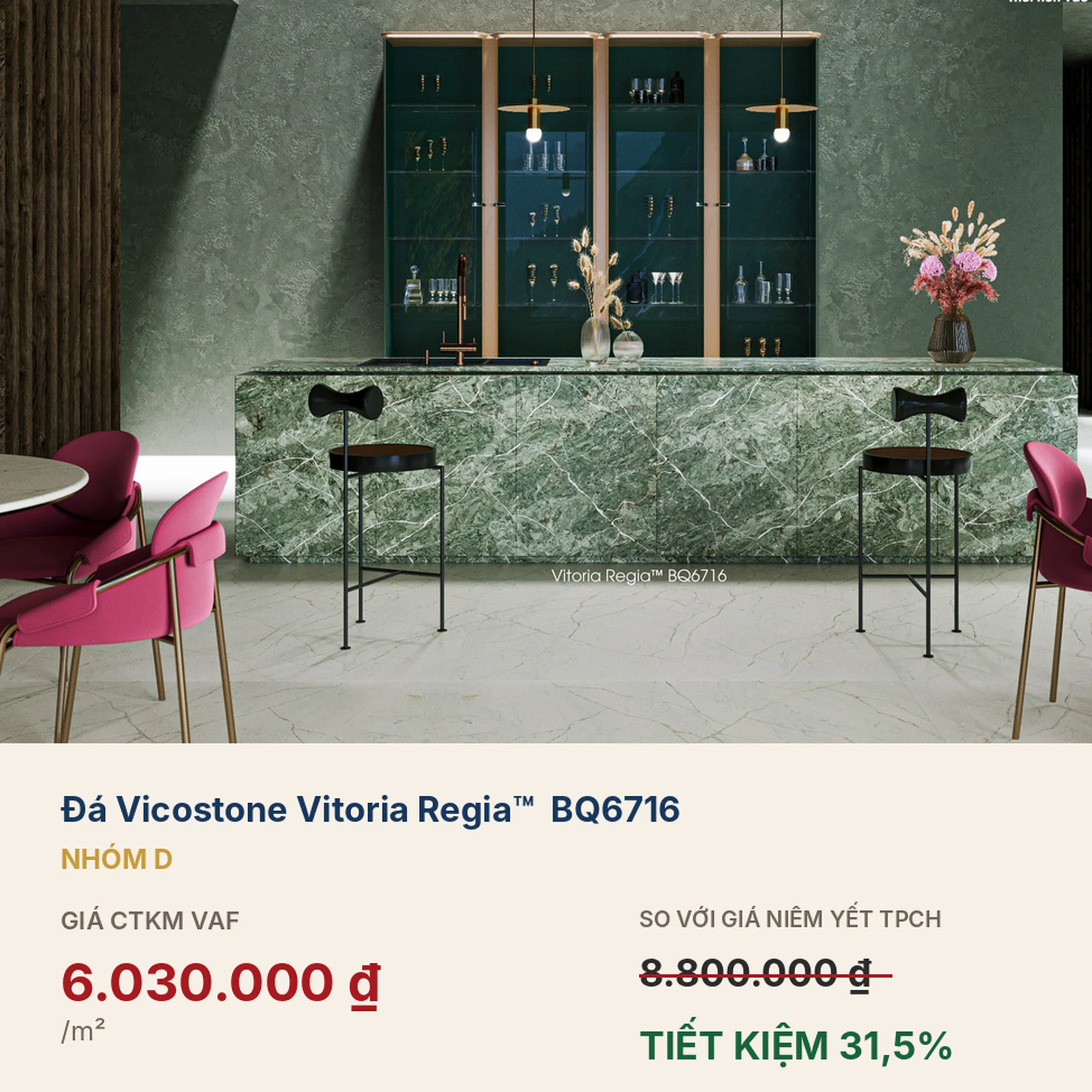 Đảo bếp mặt đá Vicostone Vitoria Regia™ BQ6716 với ghế bar hồng