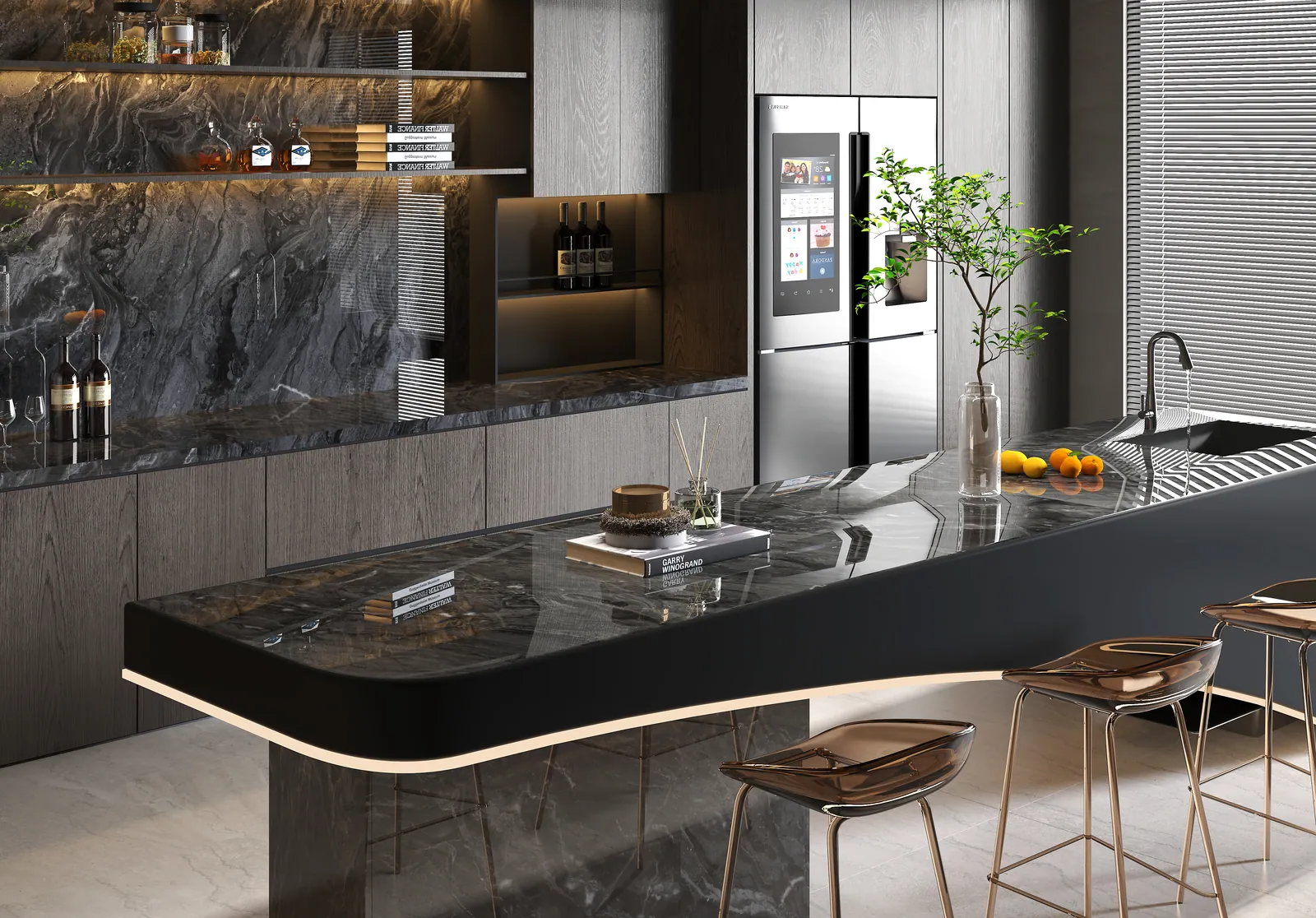 Đảo bếp, mặt bàn bếp hoàn thiện bằng đá nung kết Vasta Stone Abyss Flow – Viahome