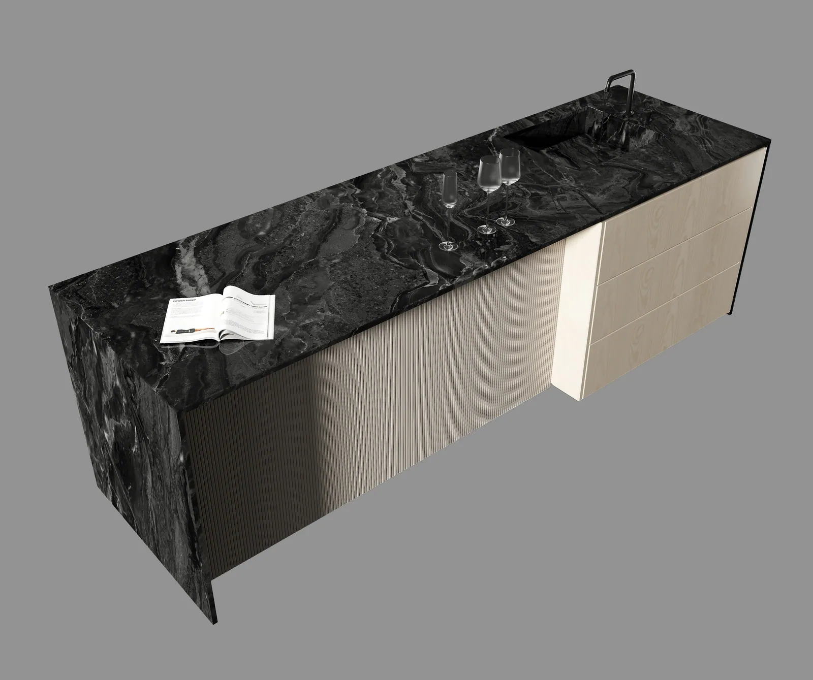 Đảo bếp, mặt bàn bếp hoàn thiện bằng đá nung kết Vasta Stone Abyss Flow – Viahome