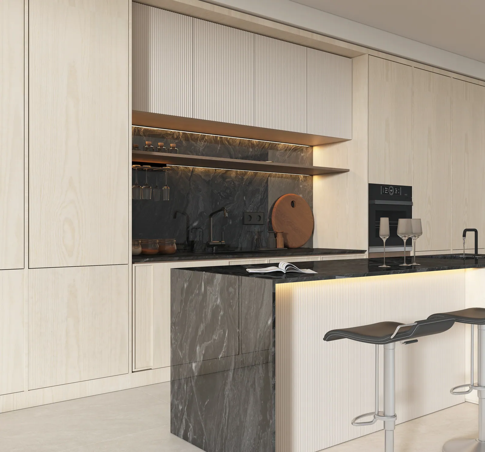 Đảo bếp, mặt bàn bếp hoàn thiện bằng đá nung kết Vasta Stone Abyss Flow – Viahome