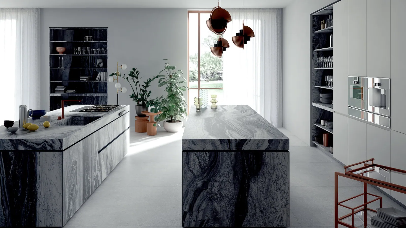 Không gian hoàn thiện bằng đá nung kết Vasta Stone Amano Marble – mặt bàn bếp, đảo bếp, ốp tường