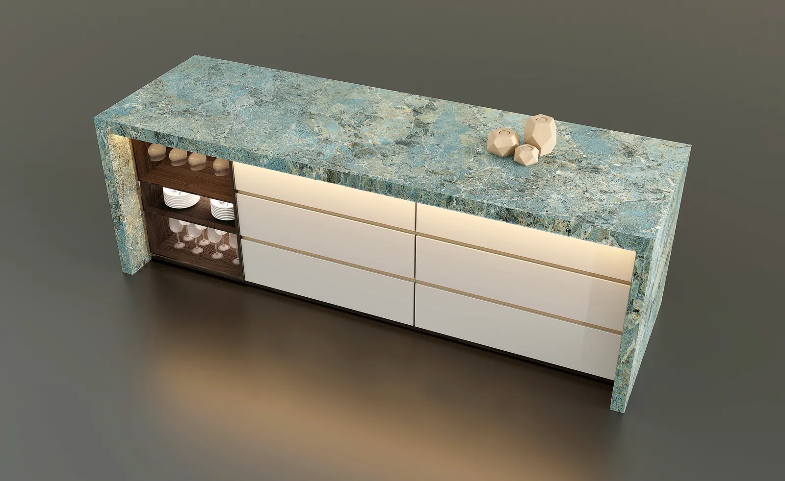Đảo bếp, mặt bàn bếp hoàn thiện bằng đá nung kết Vasta Stone Amazonite – Viahome