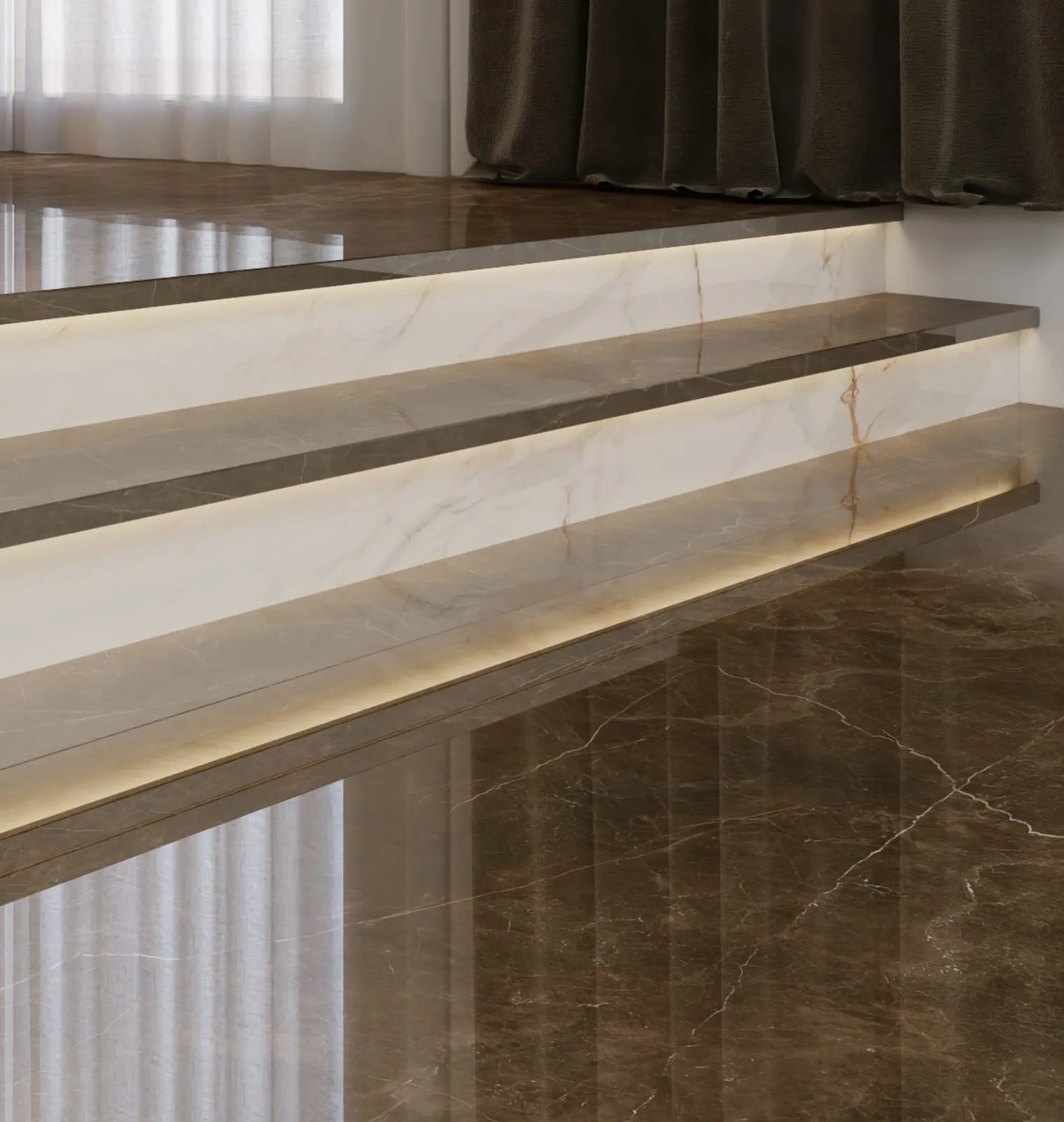 Không gian hoàn thiện bằng đá nung kết Vasta Stone Armani – mặt bàn bếp, đảo bếp, ốp tường