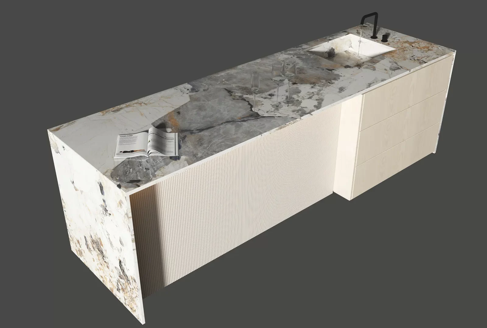 Đảo bếp, mặt bàn bếp hoàn thiện bằng đá nung kết Vasta Stone Breccia Patagonia – ViaHome