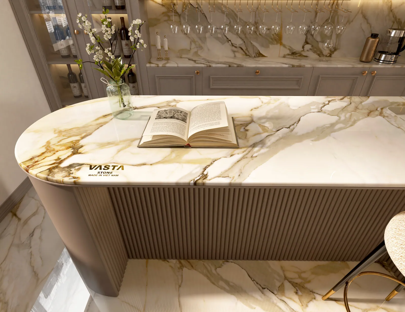 Không gian hoàn thiện bằng đá nung kết Vasta Stone Calacatta Borghini – mặt bàn bếp, đảo bếp, ốp tường
