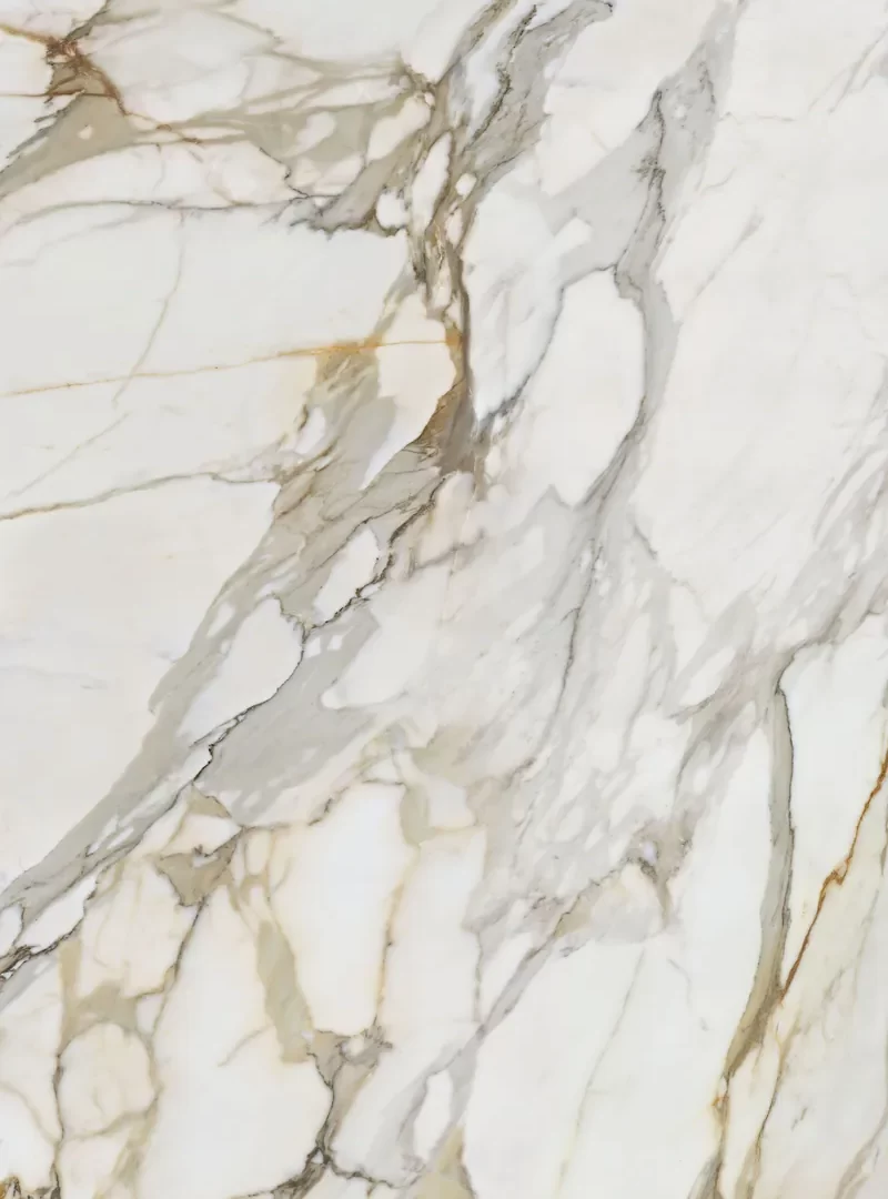 Mẫu đá nung kết Vasta Stone Calacatta Borghini tông trắng vân vàng xám, khổ 160x320 cm, dày 12 mm | 20 mm