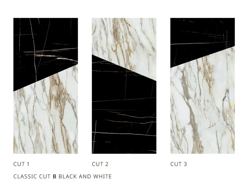 3 Tấm Đá Nung Kết Vasta Stone Classic Cut B Black And White Ghép Bộ Liền Vân, Dùng Cho Mảng Tường Và Đảo Bếp Khổ Lớn