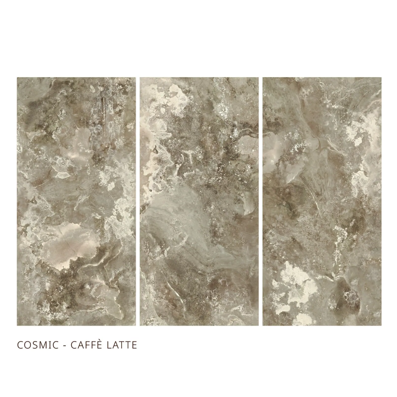 3 tấm đá nung kết Vasta Stone Cosmic Caffè Latte ghép bộ liền vân, dùng cho mảng tường và đảo bếp khổ lớn