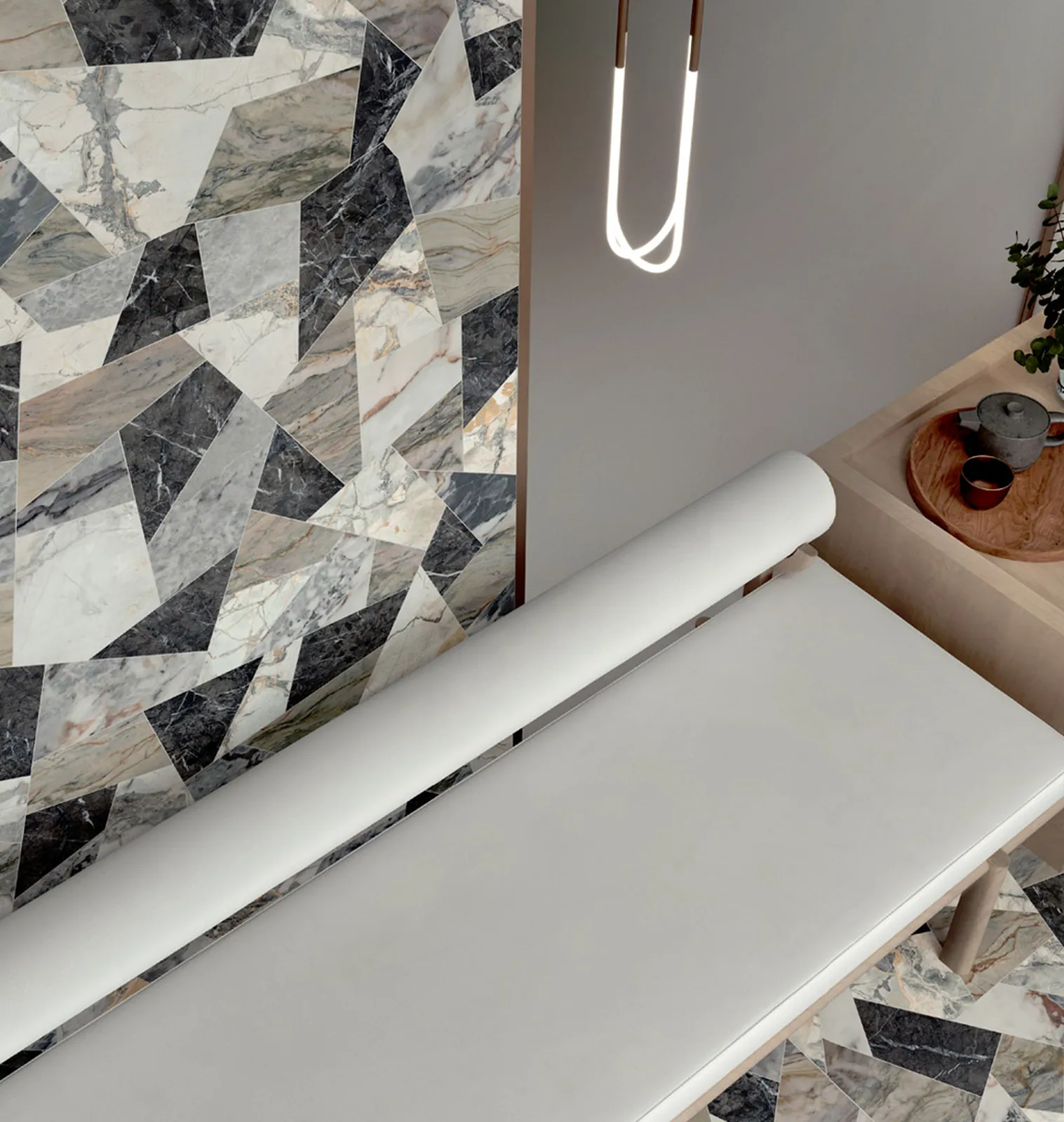 Không gian hoàn thiện bằng đá nung kết Vasta Stone Cristallo Black – mặt bàn bếp, đảo bếp, ốp tường