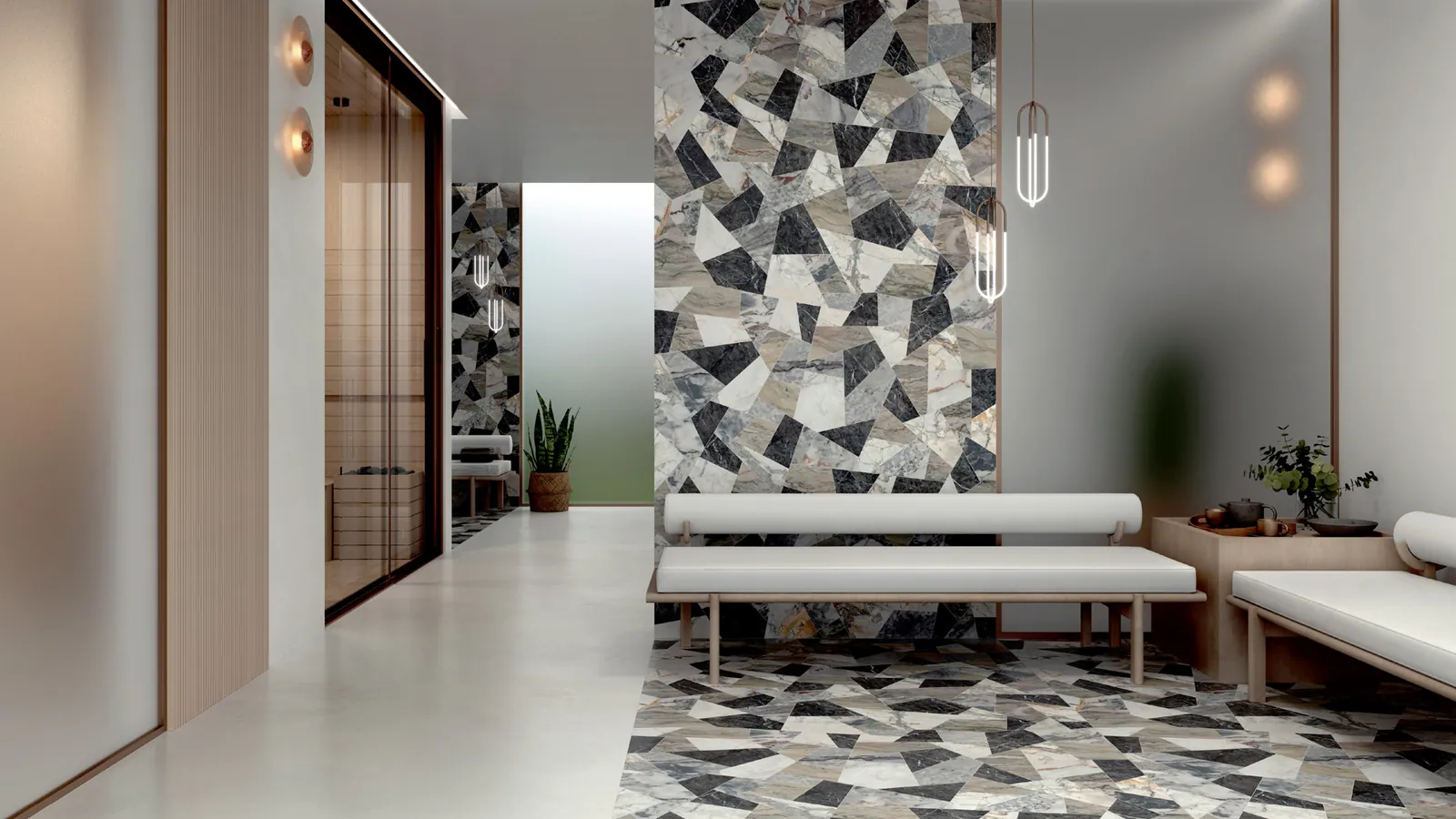 Không gian hoàn thiện bằng đá nung kết Vasta Stone Cristallo Black – mặt bàn bếp, đảo bếp, ốp tường