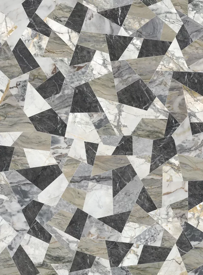 Mẫu đá nung kết Vasta Stone Cristallo Black tông hình khối tương phản, khổ 160x320 cm, dày 6 mm | 12 mm | 20 mm