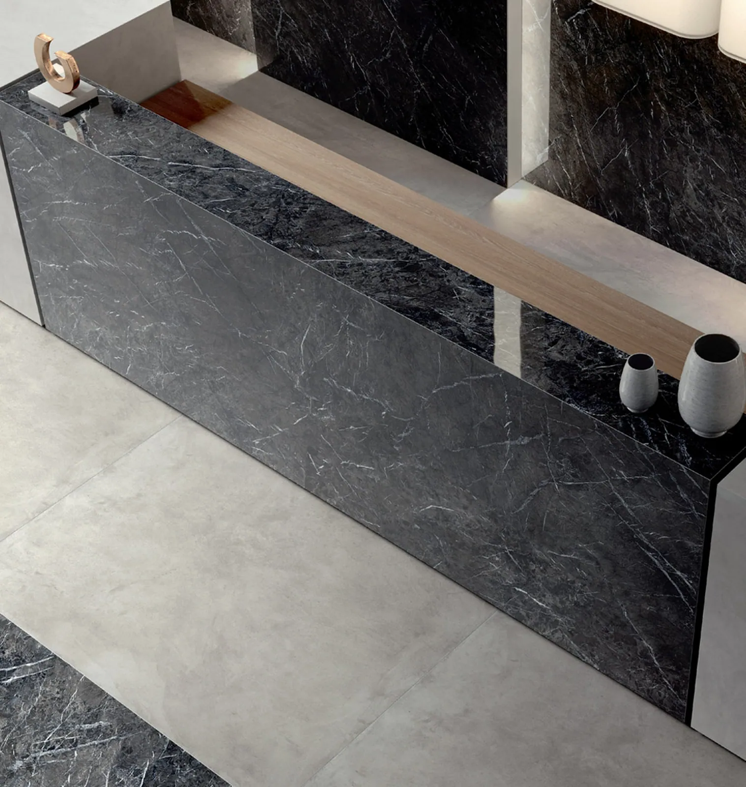Không gian hoàn thiện bằng đá nung kết Vasta Stone Grigio Carnico – mặt bàn bếp, đảo bếp, ốp tường