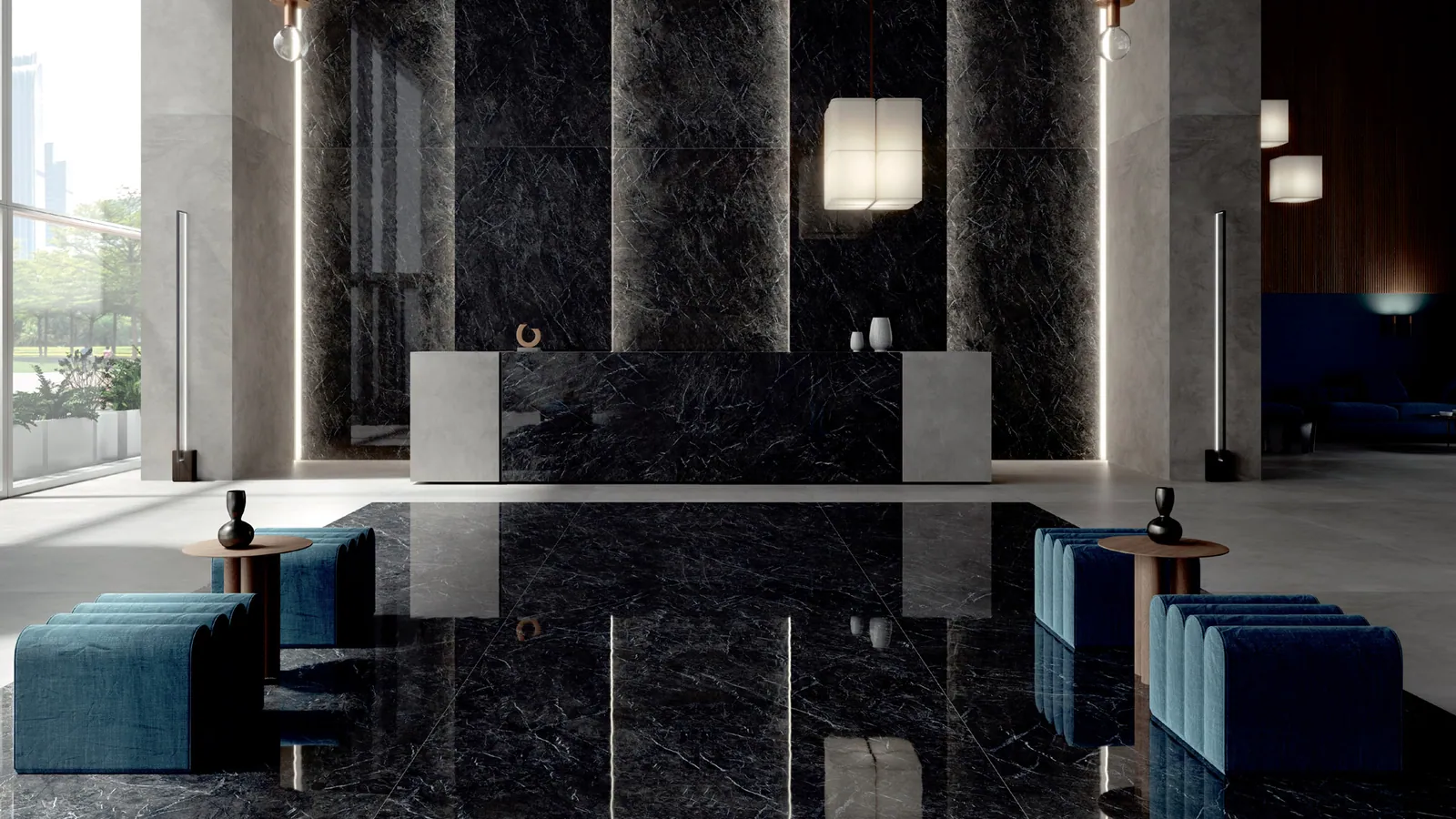 Không gian hoàn thiện bằng đá nung kết Vasta Stone Grigio Carnico – mặt bàn bếp, đảo bếp, ốp tường