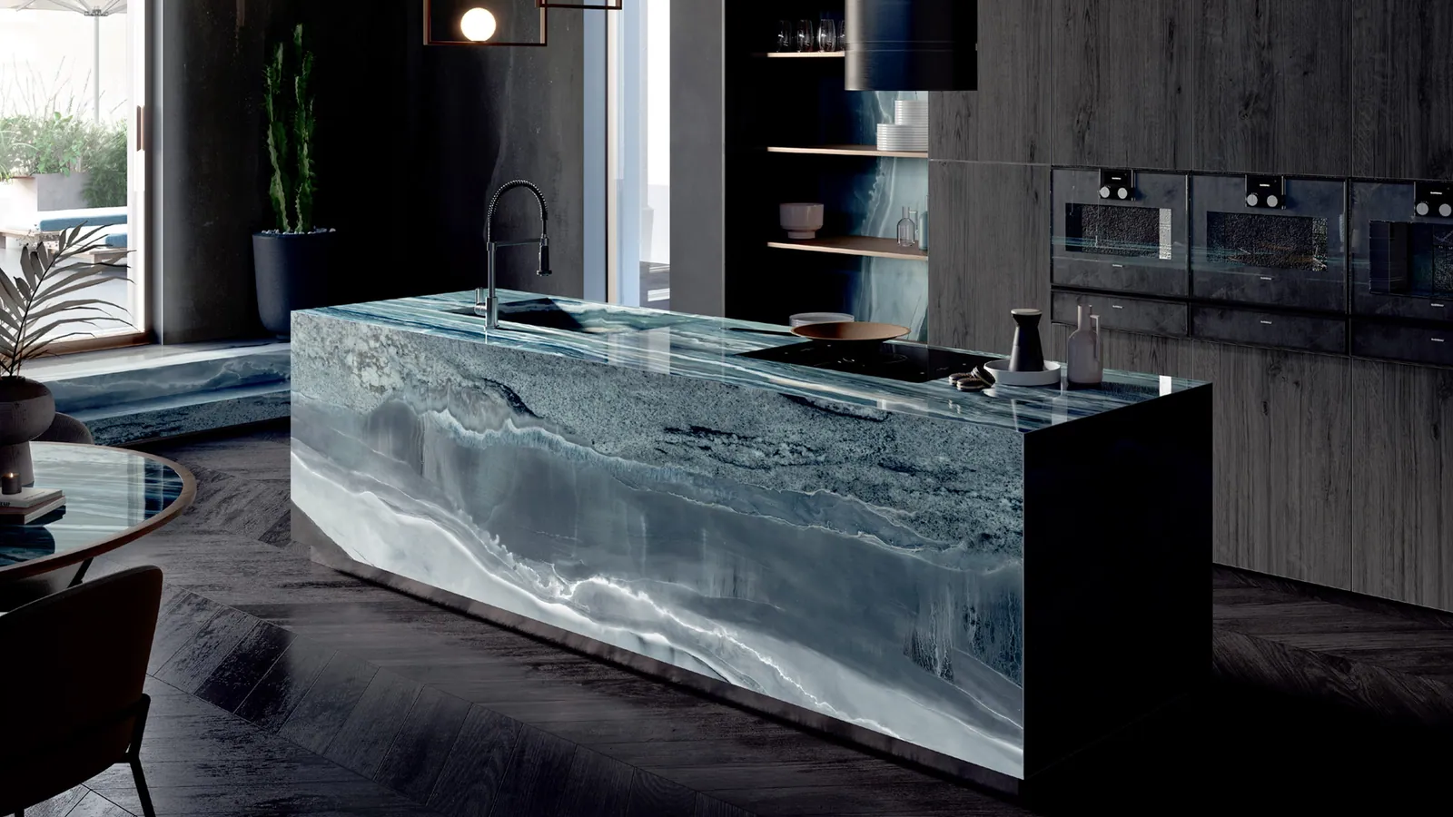 Không gian hoàn thiện bằng đá nung kết Vasta Stone Iceland – mặt bàn bếp, đảo bếp, ốp tường