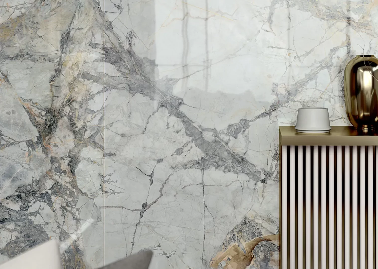 Không gian hoàn thiện bằng đá nung kết Vasta Stone Invisible Gold – mặt bàn bếp, đảo bếp, ốp tường