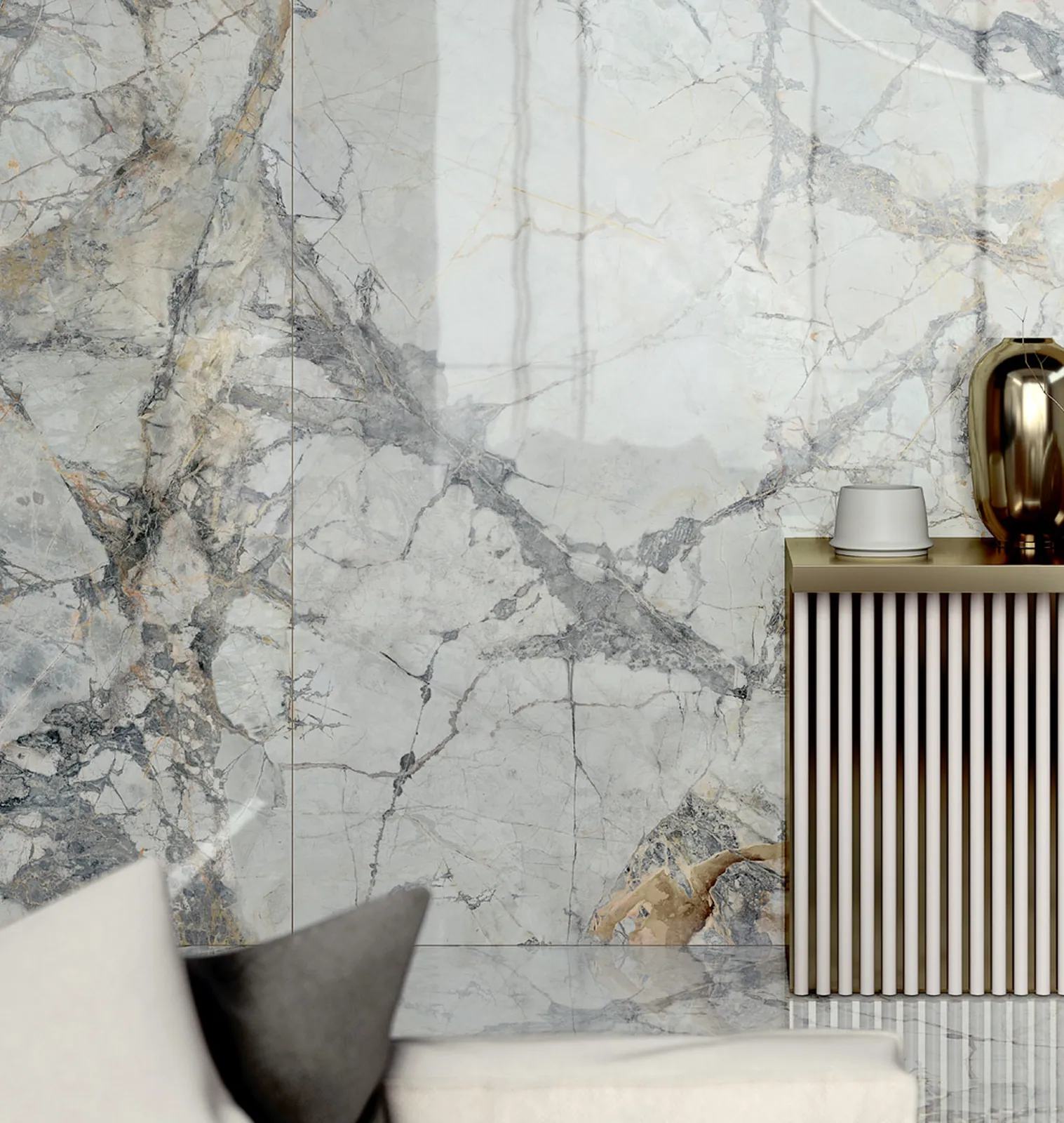 Không gian hoàn thiện bằng đá nung kết Vasta Stone Invisible Gold – mặt bàn bếp, đảo bếp, ốp tường