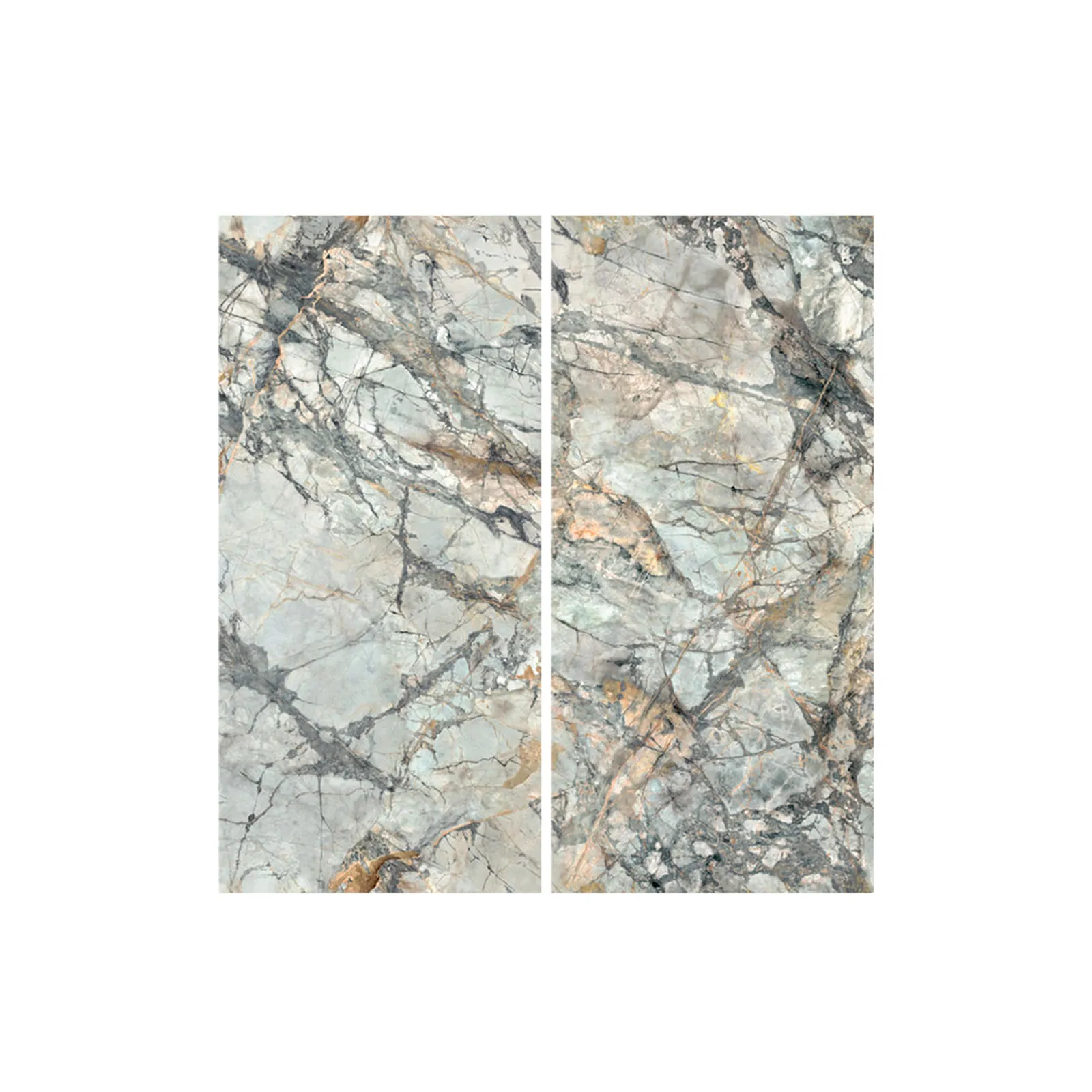 2 tấm đá nung kết Vasta Stone Invisible Gold ghép bộ liền vân, dùng cho mảng tường và đảo bếp khổ lớn