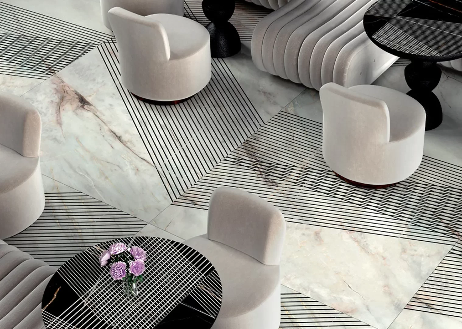 Không gian hoàn thiện bằng đá nung kết Vasta Stone Linear Harmony – mặt bàn bếp, đảo bếp, ốp tường