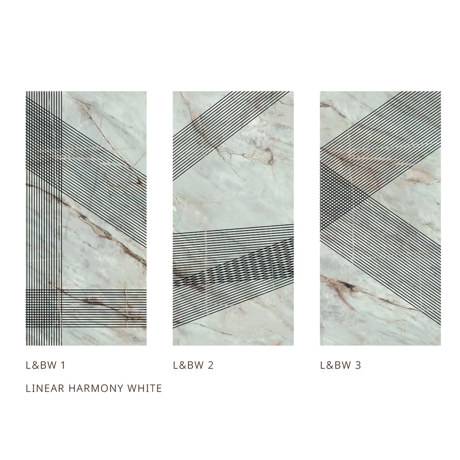 3 tấm đá nung kết Vasta Stone Linear Harmony White ghép bộ liền vân, dùng cho mảng tường và đảo bếp khổ lớn