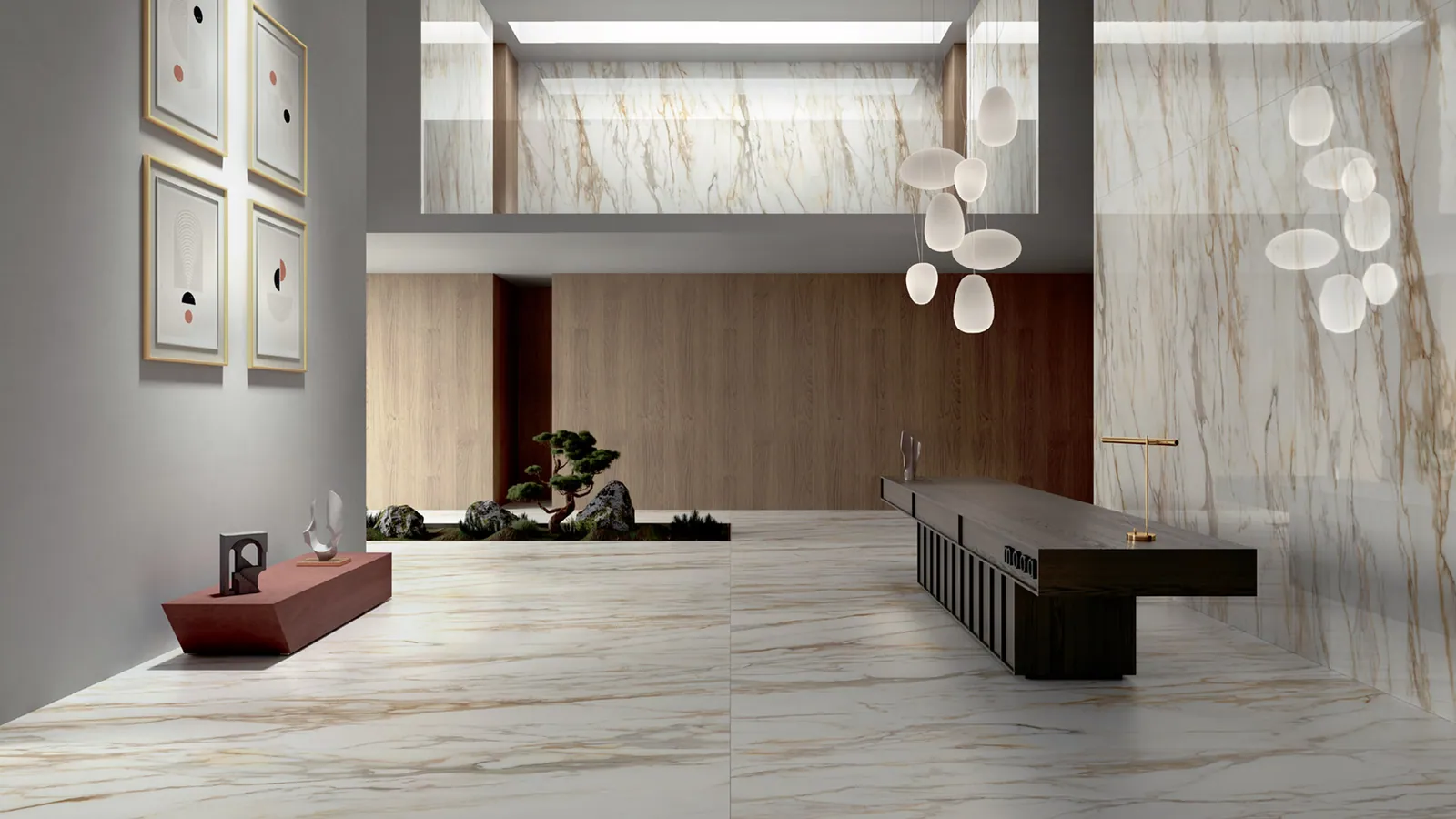 Không gian hoàn thiện bằng đá nung kết Vasta Stone Macchia Vecchia – mặt bàn bếp, đảo bếp, ốp tường