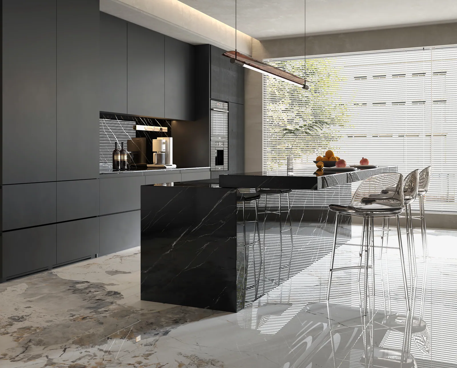Đảo bếp, mặt bàn bếp hoàn thiện bằng đá nung kết Vasta Stone Marquina Eclipse – Viahome