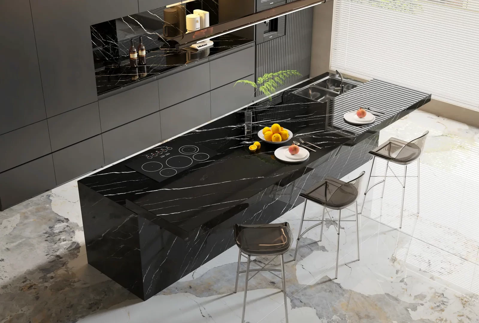 Đảo bếp, mặt bàn bếp hoàn thiện bằng đá nung kết Vasta Stone Marquina Eclipse – ViaHome