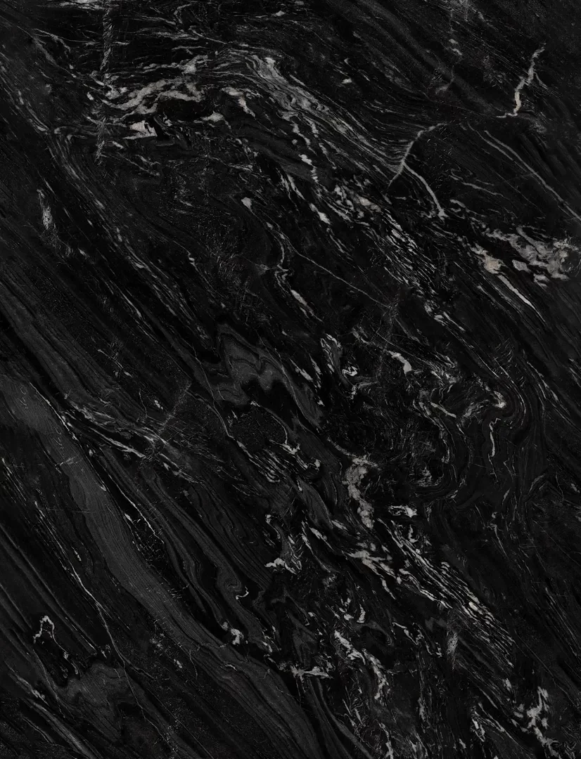 Mẫu đá nung kết Vasta Stone Marquina Vortex tông đen vân trắng xoáy, khổ 160x320 cm, dày 15 mm