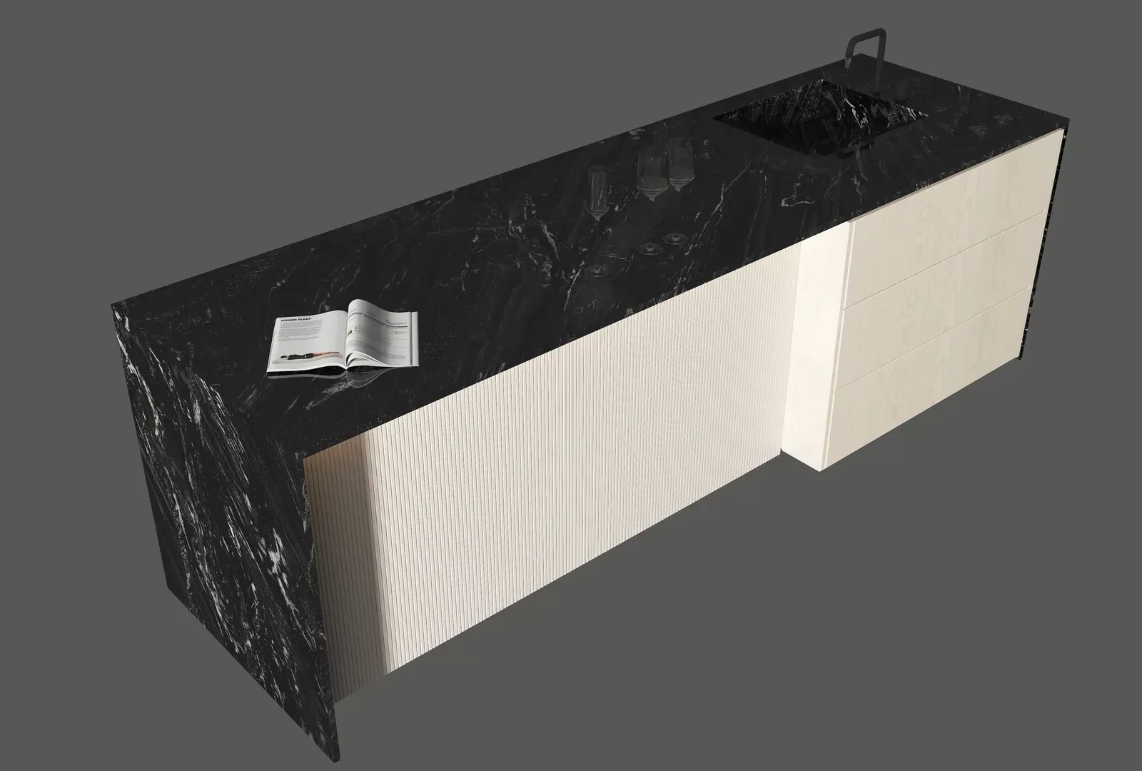Đảo bếp, mặt bàn bếp hoàn thiện bằng đá nung kết Vasta Stone Marquina Vortex – ViaHome