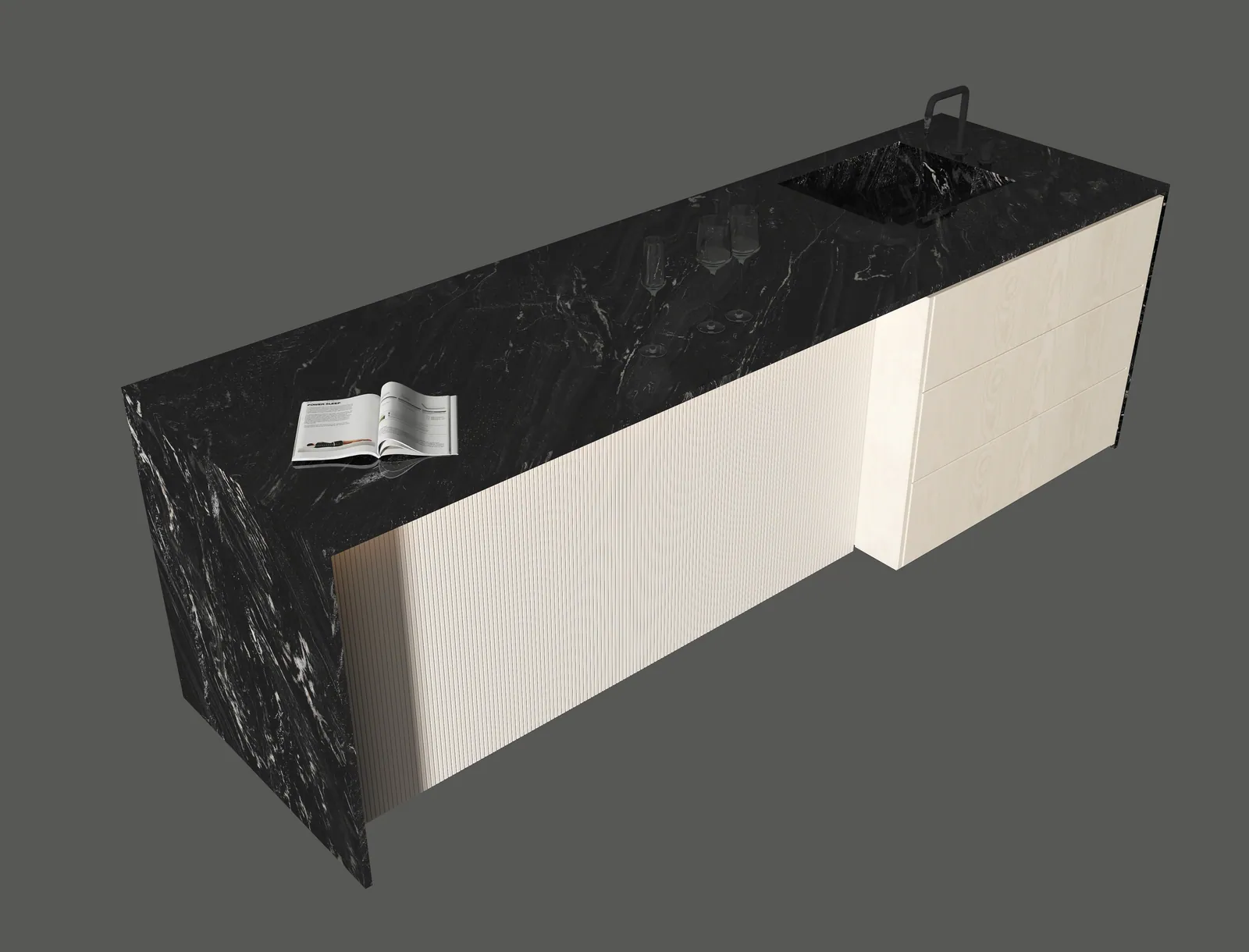 Đảo bếp, mặt bàn bếp hoàn thiện bằng đá nung kết Vasta Stone Marquina Vortex – Viahome