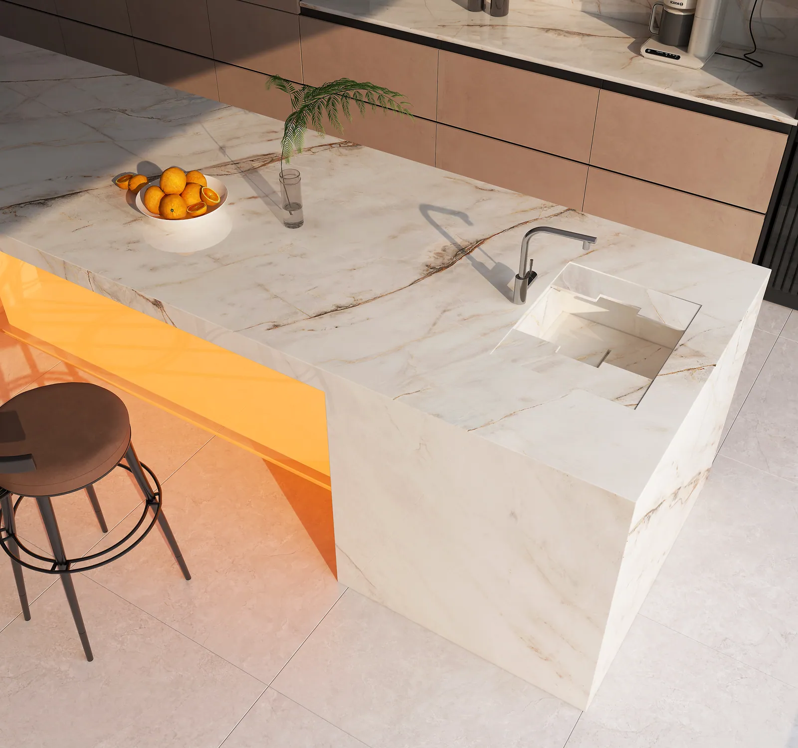 Đảo bếp, mặt bàn bếp hoàn thiện bằng đá nung kết Vasta Stone Monte Bianco – Viahome