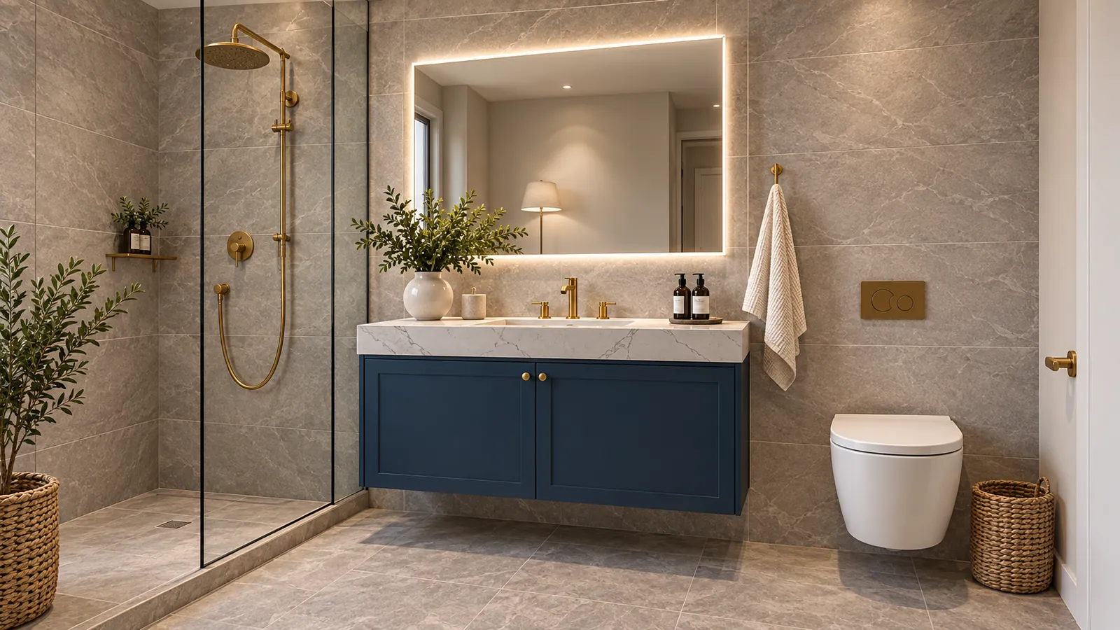 Phòng Tắm Ốp Đá Khổ Lớn Vân Xám, Tủ Lavabo Navy Mặt Đá Trắng, Sen Vòi Màu Đồng