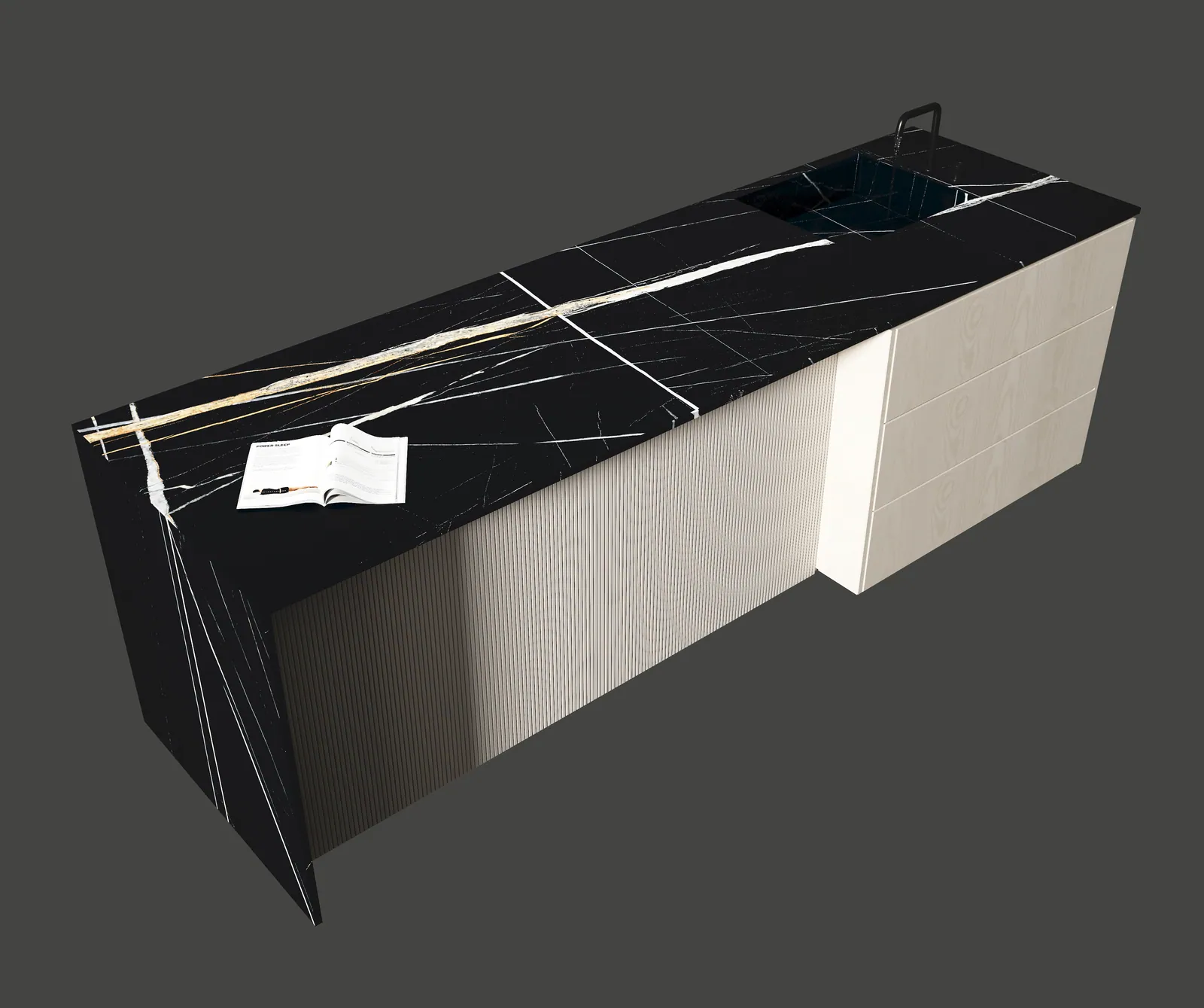 Đảo bếp, mặt bàn bếp hoàn thiện bằng đá nung kết Vasta Stone Sahara Noir – Viahome