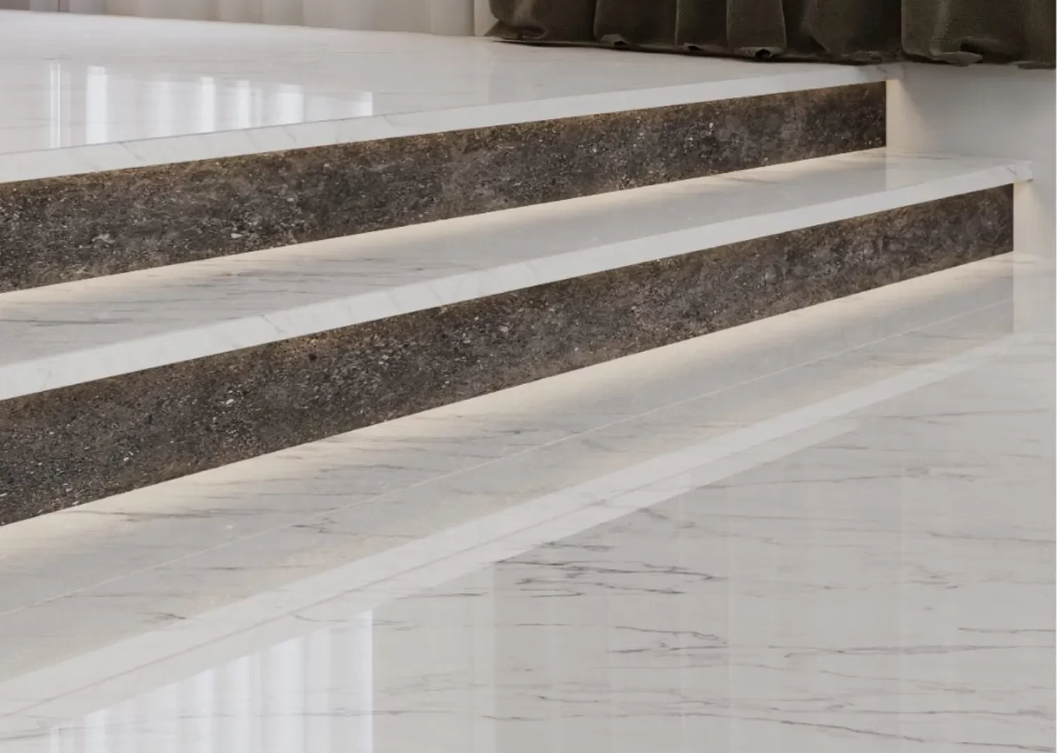 Không gian hoàn thiện bằng đá nung kết Vasta Stone Statuary Bianco – mặt bàn bếp, đảo bếp, ốp tường