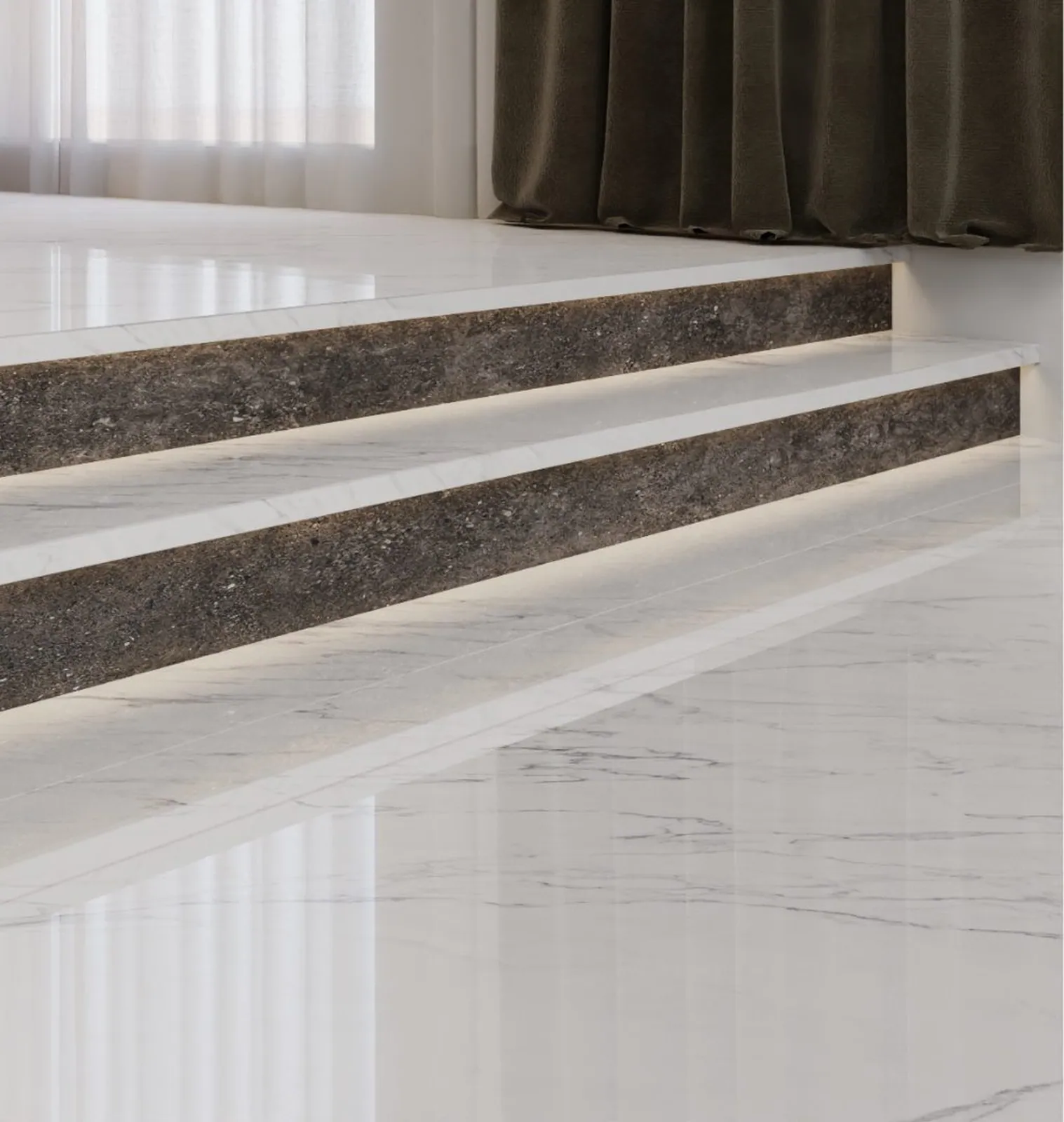 Không gian hoàn thiện bằng đá nung kết Vasta Stone Statuary Bianco – mặt bàn bếp, đảo bếp, ốp tường