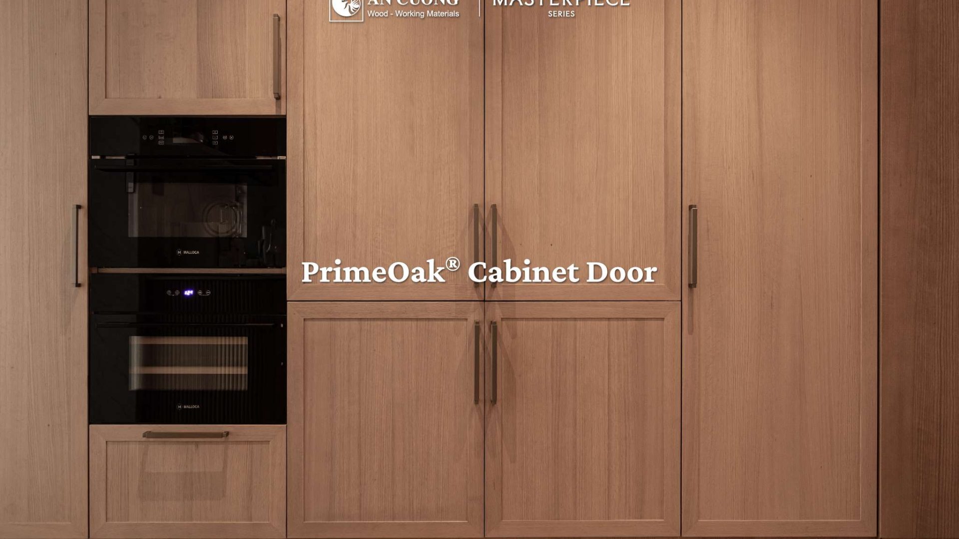 Ảnh cánh tủ gỗ sồi PrimeOak Cabinet Door ứng dụng trong tủ bếp và hệ tủ cao của An Cường