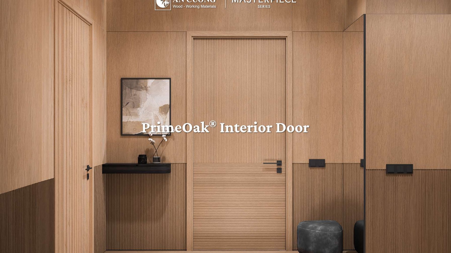 Cửa nội thất PrimeOak Interior Door phối vân dọc và rãnh ngang trong không gian ốp gỗ đồng tông, ảnh An Cường.