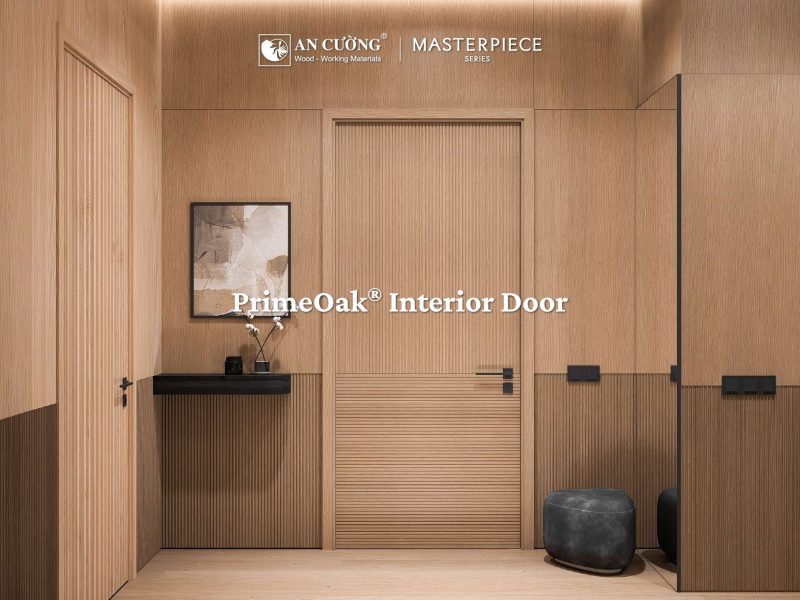Cửa Nội Thất Primeoak Interior Door Phối Vân Dọc Và Rãnh Ngang Trong Không Gian Ốp Gỗ Đồng Tông, Ảnh An Cường.