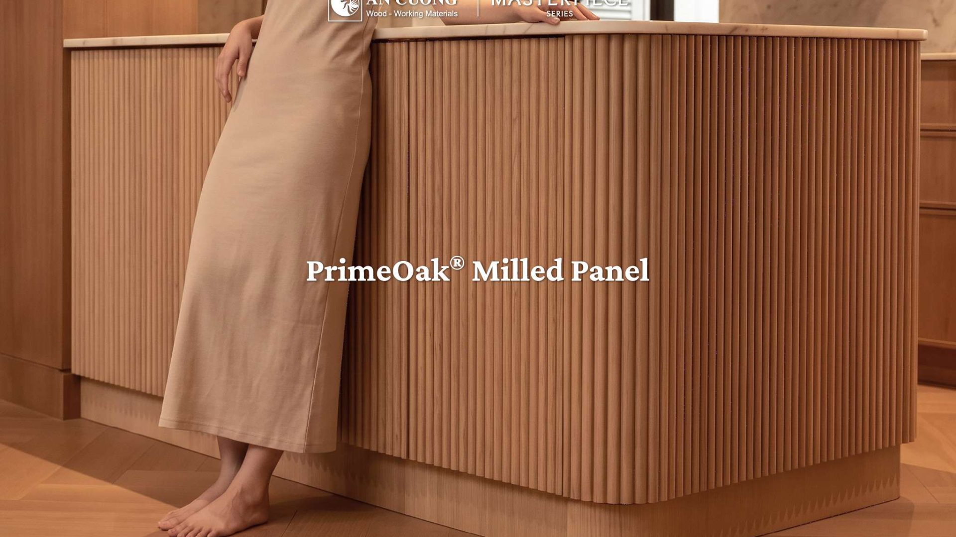 Tấm ốp PrimeOak Milled Panel phay rãnh dọc ứng dụng trên mặt ngoài quầy bếp, ảnh tư liệu An Cường.