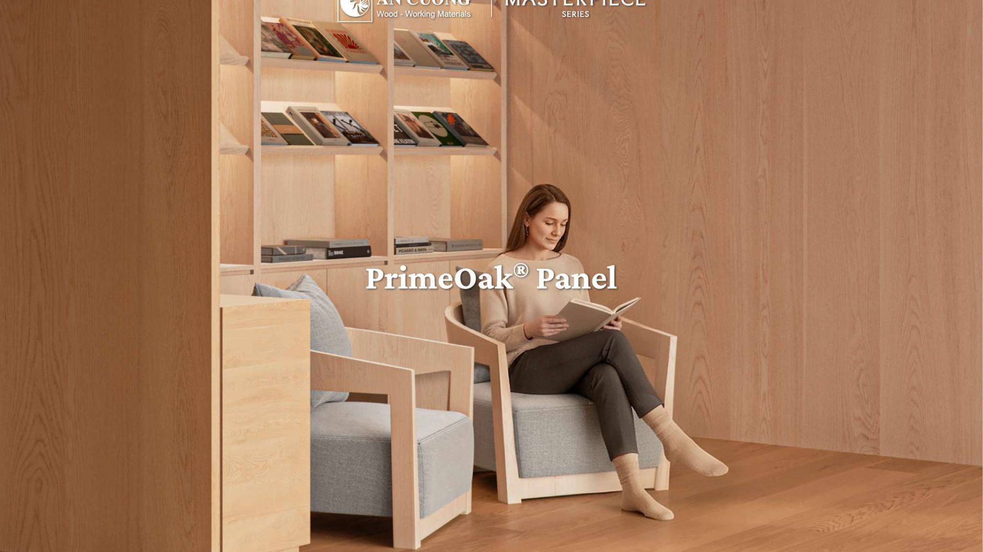 Tấm phẳng PrimeOak Panel phối vách ốp và nội thất gỗ sồi tại góc đọc sách, ảnh tư liệu An Cường.