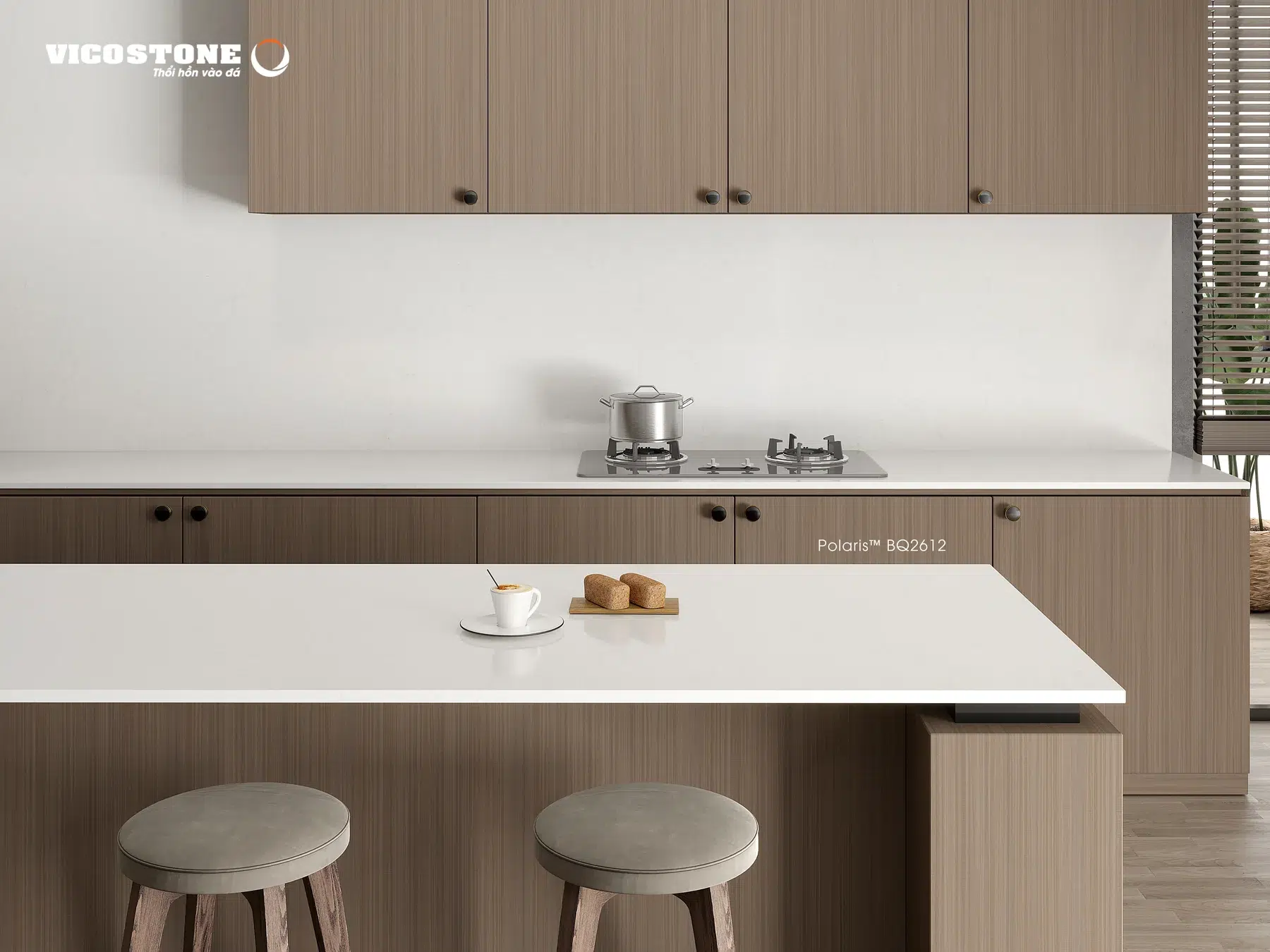 Đảo bếp và mặt bếp đá Vicostone Polaris BQ2612 với ghế bar nệm xám