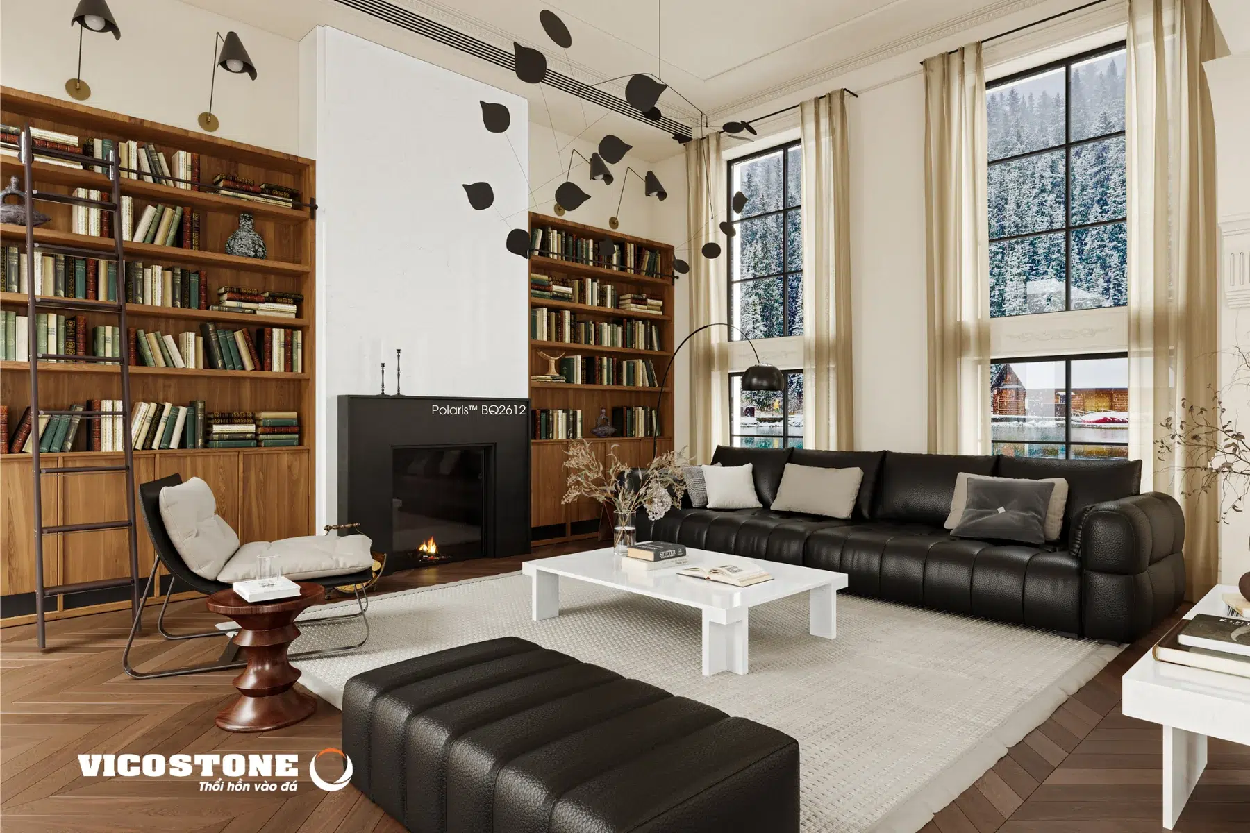 Phòng khách sofa da đen với bàn trà mặt đá Vicostone Polaris BQ2612