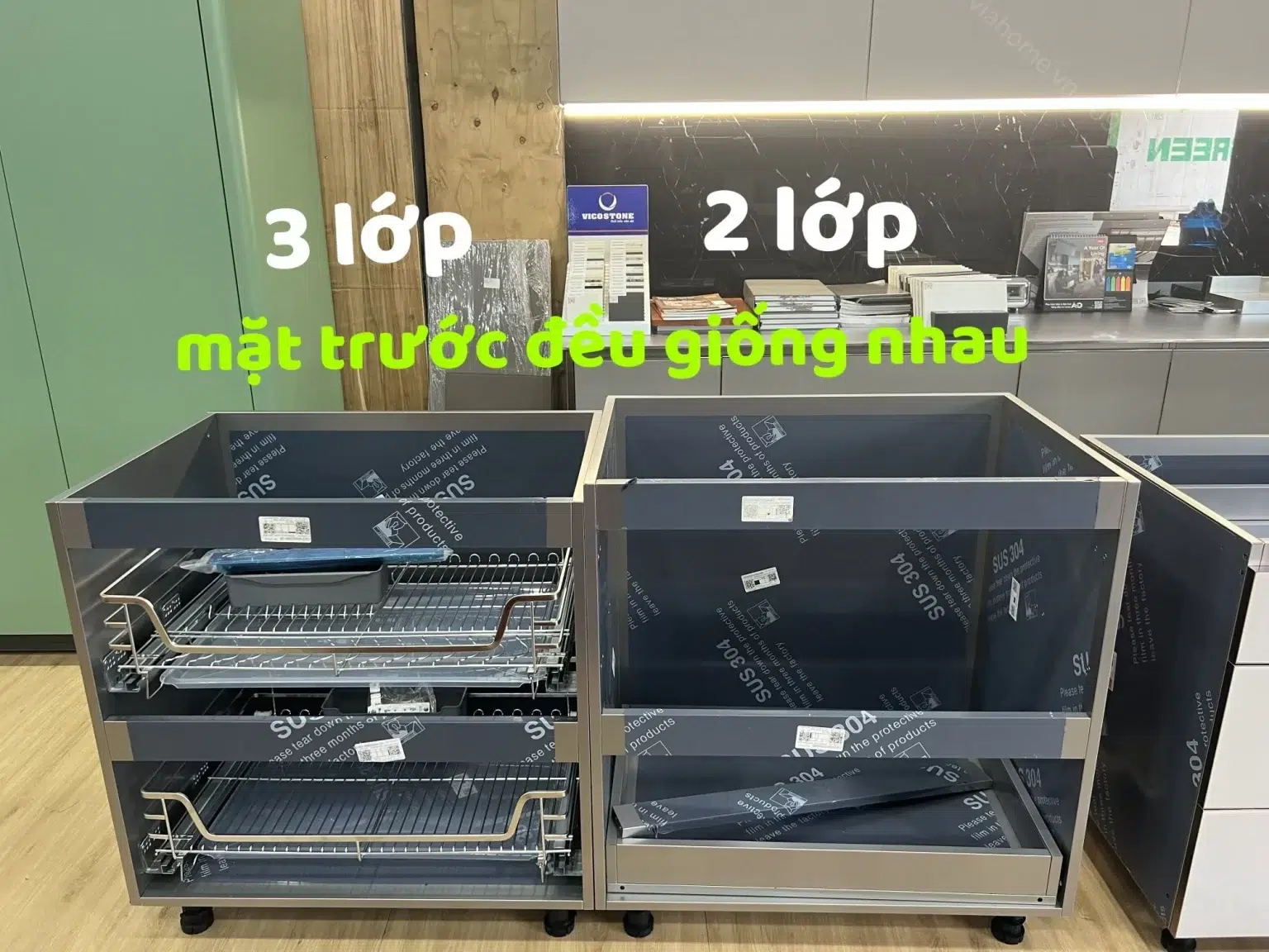So Sánh Tủ Bếp Inox 2 Lớp Và 3 Lớp: Thùng Tủ Thực Tế Đặt Cạnh Nhau, Mặt Trước Giống Nhau