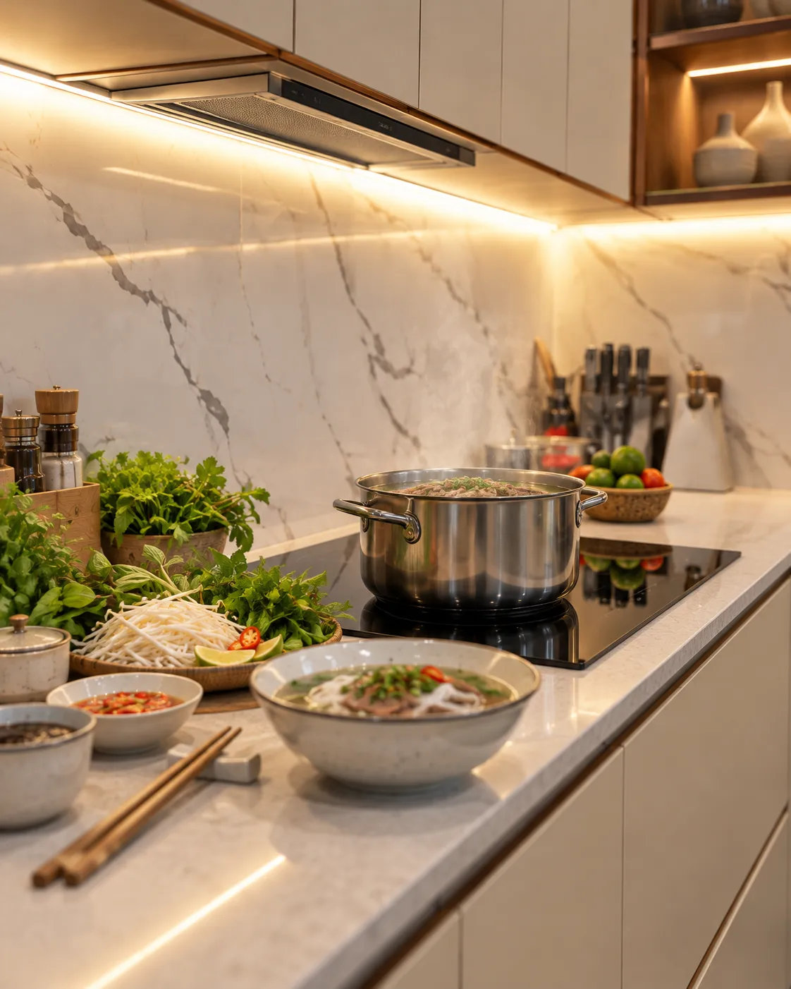 Mặt Bếp Rộng Cạnh Bếp Từ, Tủ Dưới Cánh Be Không Tay Nắm