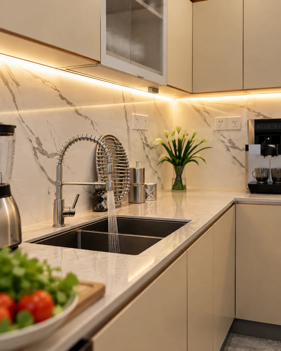 Khu Chậu Rửa Đôi Với Vòi Rút, Ốp Tường Vân Đá Trắng