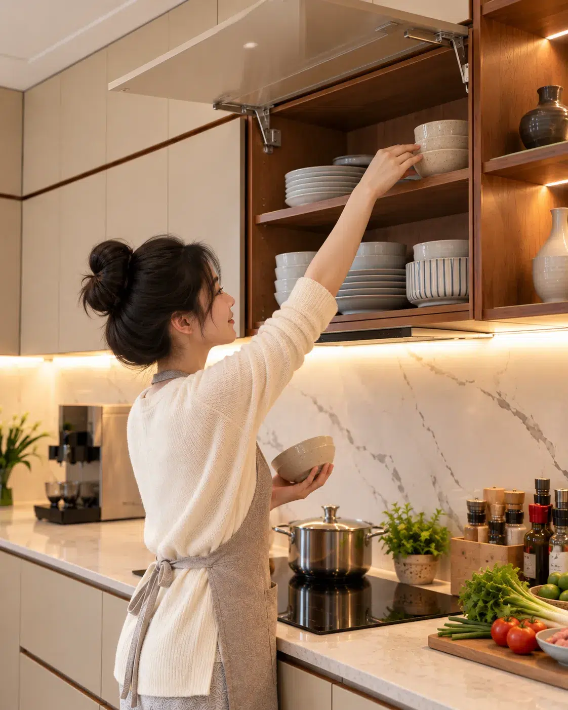 Tủ Trên Cánh Nâng, Kệ Mở Để Bát Đĩa Và Đèn Hắt