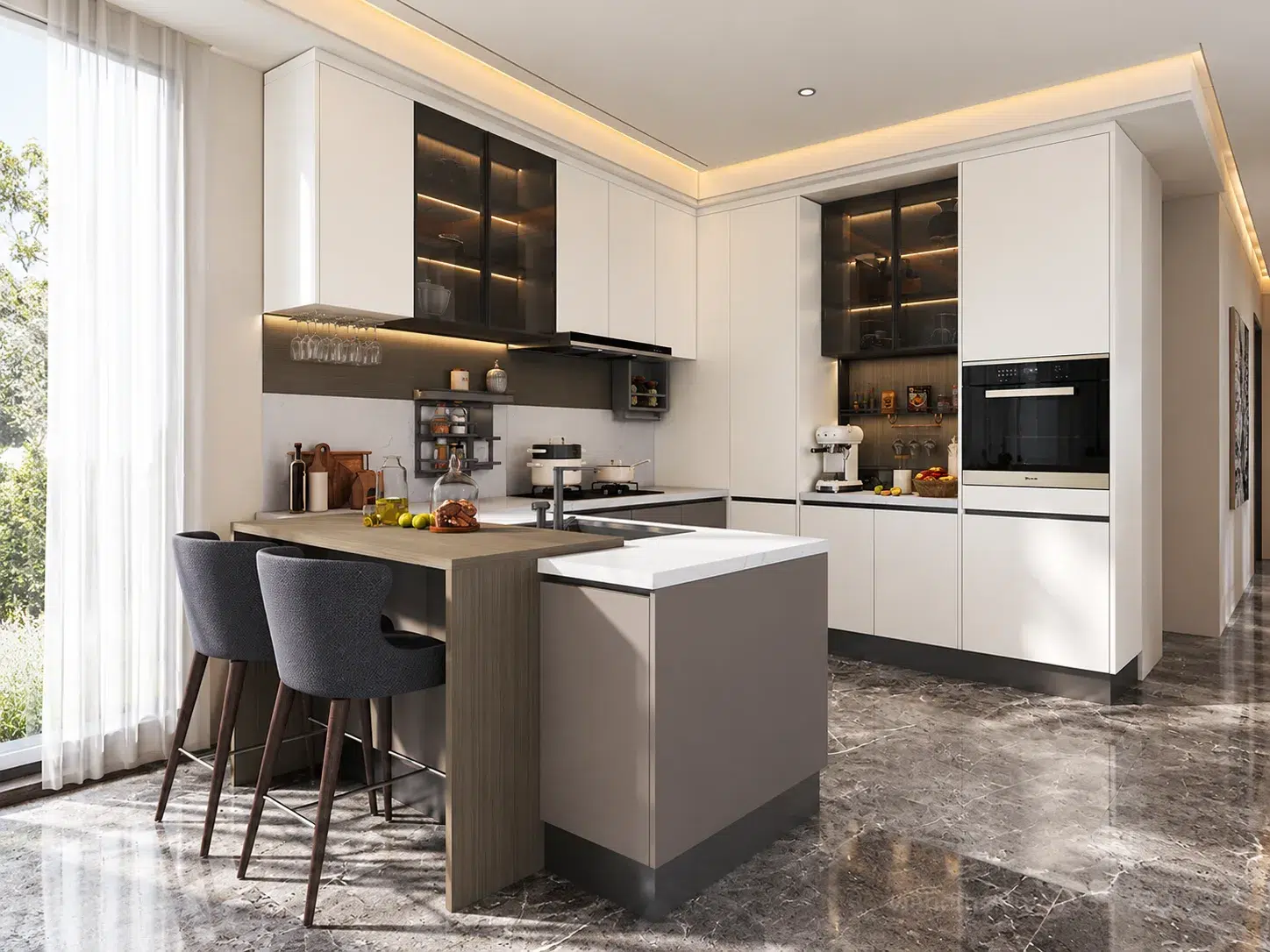 Tủ Bếp Plywood Chữ U Kết Hợp Bàn Đảo Dưới Ánh Sáng Ban Ngày, Tủ Cao Âm Lò Nướng, Sàn Đá Vân Xám
