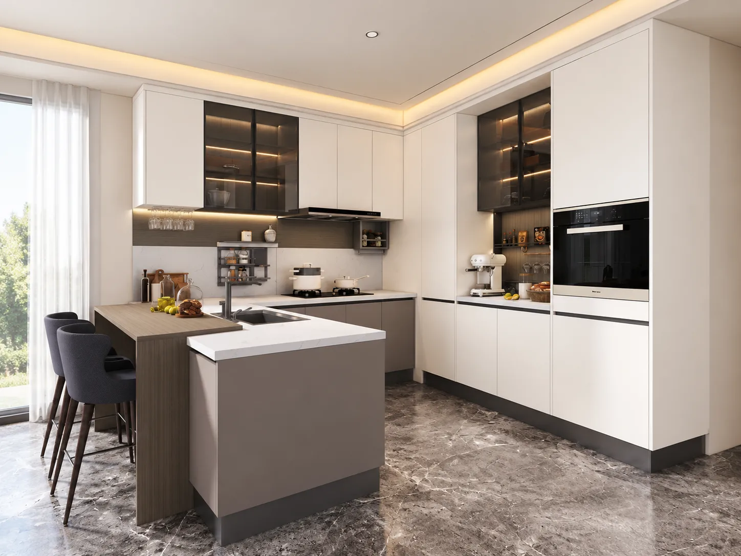 Tủ Bếp Plywood Chữ U Cánh Melamine Trắng Nhìn Thẳng Góc, Tủ Trên Kịch Trần Có Ô Kính Khung Đen Và Đèn Led Hắt